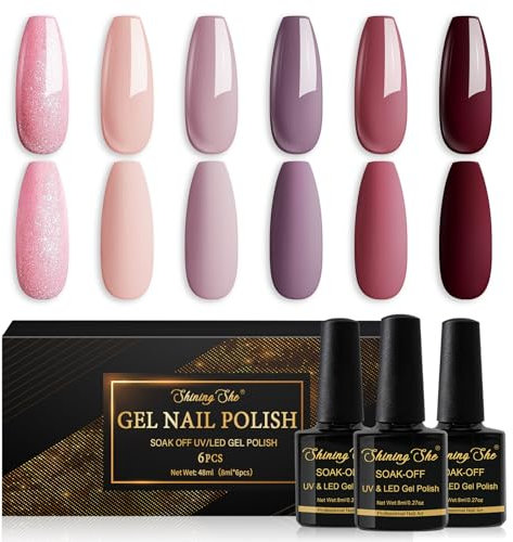Shining She Gel Nail Polish, 6 Colours Red Beige Purple Glitter Pink Set, Soak-Off UV/LED Nail Polish for Starter Nail Art Salon DIY Home, 8ML