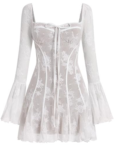 IBAKOM Mini Robe Sexy pour Femmes Vintage Longue à Manches Cloche Corset Fleurie à Volants en Dentelle A Line Flowy