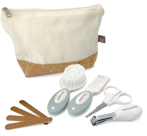 Dreambaby Neat & Tidy 9pc Wheatgrass Baby Grooming Kit - Eco-Friendly Baby Care Kit with Cotton & Cork Travel Bag - Soft Brush, Comb, Safety Scissors, Nail Clippers - Less Plastic Waste | Sustainable Wheatgrass Grooming Set w/ Baby Hair Brush, Comb and Nail Care - Cotton & Cork Storage Bag - Baby Shower Gifts