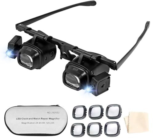 LED Lupenbrille Kopf Lupe mit Licht, Kopfband-Leselupe 2.0X 6.0X 10.0X 24.0X Vergrößerung, Kopfmontierte Lesebrille für Juweliere, Nähen, Handwerk, Hobbys, 1 Stück
