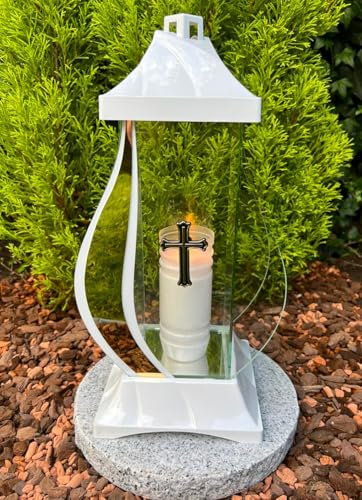 Lampe funéraire avec motif croix - Lanterne funéraire - Bougie funéraire - Couleur : blanc - doré - Hauteur : 38 cm - Bougie LED incluse