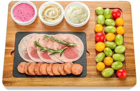 HALE OTEIR Servierplatte aus Akazienholz mit 3 Keramikschale, Rustikale Käseplatte, Steakplatte, Grillplatte, Sushi Steakbrett, ideal für Fleisch, Käse, Tapas, natürliches Design
