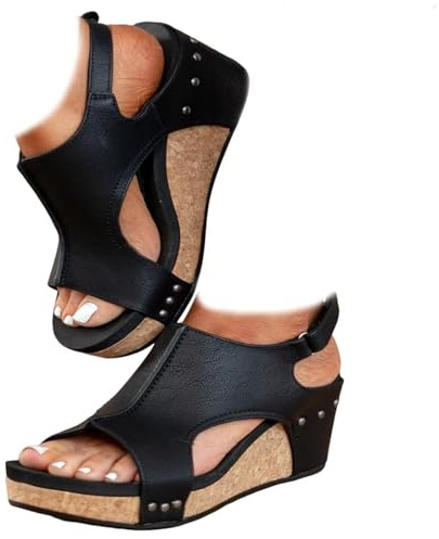 Whimsyard kvinnors läder kil ortopediska sandaler, bred plattform kilsandaler, kvinnors öppen tå spänne ankelrem sommar plattform bröllop sandaler s, Svart, 41 EU