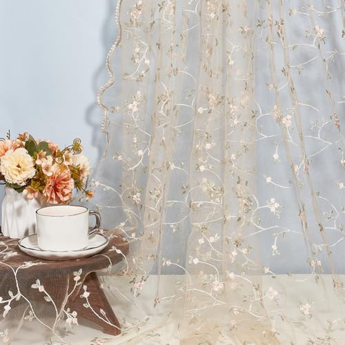 NBEADS Tessuto ricamato con fiori, 3 m, in organza e tulle ricamato, larghezza 1,3 m, per abiti fai da te, matrimonio, fatto a mano, mandorla