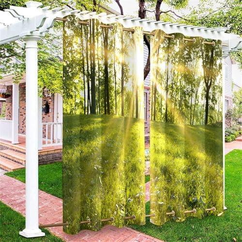 Hiseng Outdoor Vorhänge Wetterfest mit Ösen Oben und Unten, 3D Wald Muster wasserdichte Outdoorvorhänge 2 Set Verdunkelungsvorhang Sichtschutz Vorhang für Garten Balkon (Grün Gras,137x203cm)