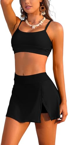 SHEKINI Bikini för kvinnor, hög midja, badkjol med säkerhetsshorts, bandeau, bikini, topp, färgblock, baddräkt, tvådelad, magkontroll, badmode, baddräktsklänning, svart, M
