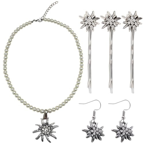 Snyvpra 5 Stück Trachtenschmuck Set, Edelweiss Ohrnägel*1 Halskette*1 Haarspitzen*3, Trachtenschmuck Damen, Dirndl Schmuck Damen, Für Oktoberfest Accessoires, Dirndl Accessoires