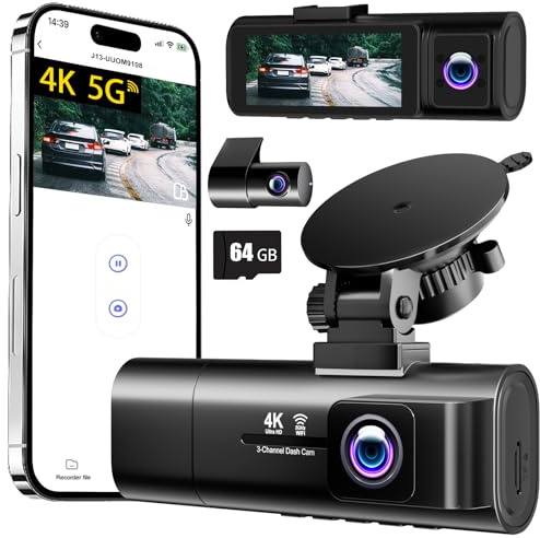 4K Dash Cam Front and Rear Inside,3.16 IPS,3 Channel Dash Cam for Car with 5G WiFi,Free 64GB Card,170° Wide Angle,Loop Recording,G-Sensor,WDR,Night Vision,Time-Lapse,24H Parking Monitor