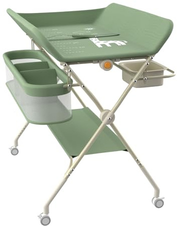 Fasciatoio Pieghevole per Bambini, Fasciatoio Neonato con Ruote di Bloccabili, Ripiano, Organizzatore Multifunzionale per Cameretta dei Bambini, （A）75 * 68 * 83-91 cm (Verde)