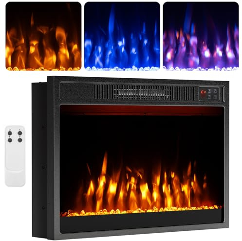GiantexUK Recessed Electric Fireplace, Insert Electric Fire Heater with Flame Colors, Brightness, Thermostat, Timer, Remote & Overheat Protection (750W/1500W, 23’’, with Crystal)