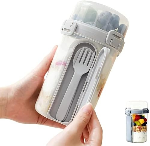 Vasos de yogur con tapas y cucharas, recipientes de avena durante la noche, tazas reutilizables de cereales y yogur de 28 onzas con compartimento superior para desayuno y ensalada (1, gris, pequeño)