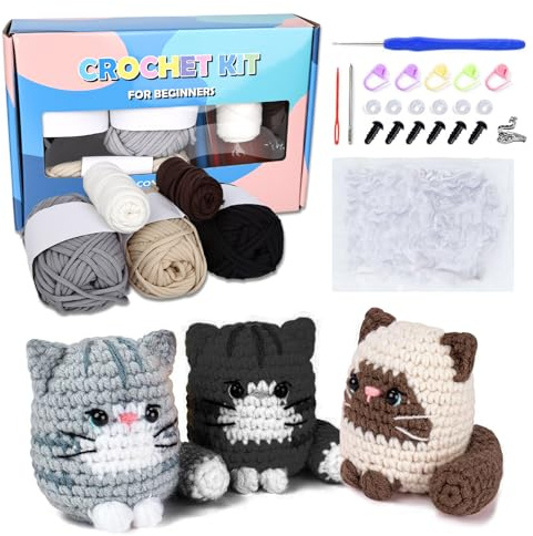 YHNDECO Juego de ganchillo para principiantes, kit de animales de crochet completo con agujas de gancho de hilo, vídeo paso a paso, kit de iniciación para principiantes, gato de ganchillo