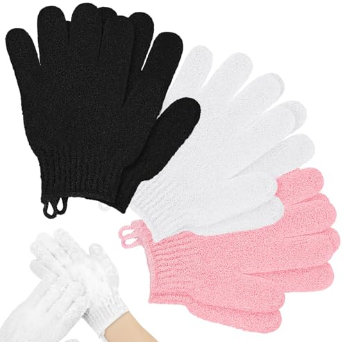 AYBUY Exfolierande duschhandske, kroppshandske med skrubb, 3 par exfolierande handskar, för bad och kropp (svart + vit + rosa)