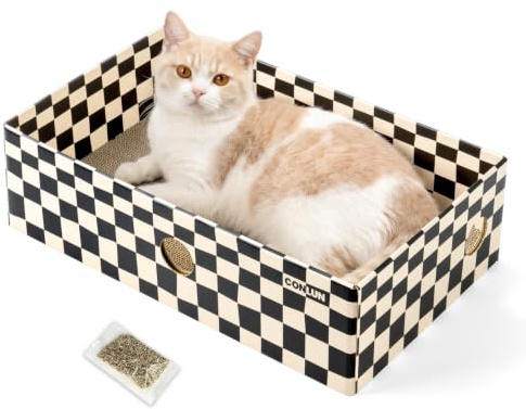 Conlun Cat Scratcher Box with Scratching Board, 1-Pack, Large, Chessboard | Reversible Refill Pads | Heavy-Duty Cardboard Protects Furniture | Lounge Bed For Indoor Kitties | Includes Catnip