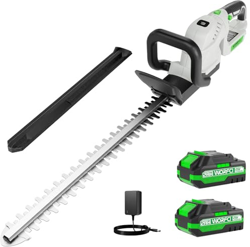 WORFCI Tagliasiepi senza fili da 20 pollici (include 2 batterie e caricabatterie), tagliasiepi elettrico portatile, manico girevole a 180°, tagliasiepi per erba, leggero e compatto, bianco