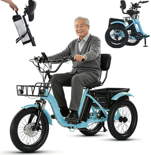 Triciclo Elettrico per Adulti Pieghevole 18 Pollici, Cambio a 7 Rapporti, Freni a Disco Doppi, Display Digitale, Cestini Anteriori e Posteriori, Capacità di Carico 30kg per Ciclismo All'Aperto Blue