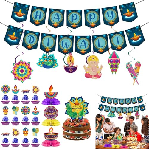 Diwali Full Party Decoration Set – Happy Diwali Letter Banner, Spiral Hangings, Honeycomb Table Centerpieces & Cupcake Picks for Indian Festival Dessert Table Black