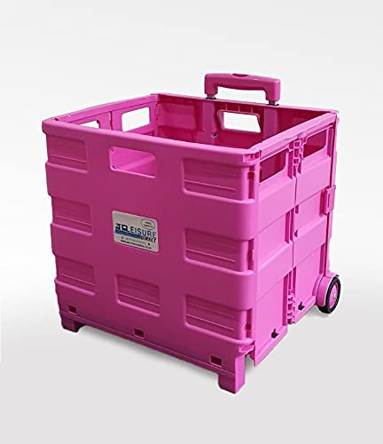 PINK LEISURE DIRECT ® HEAVY DUTY EXTRA LARGE FOLDING CAR BOOT CART CRATE STORAGE BOX TROLLEY FOR TEACHERS COLLEGE BOOKS FOLDERS 40KG CAPACITY FOLDS FLAT (Pink Trolley)