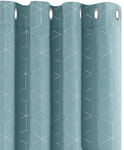 Deconovo Blackout Curtains, Eyelet Curtains, Diamond Foil Printed Energy Saving Curtains for Bedroom, 52 x 90 Inch(Width x Length), Sky Blue, One Pair