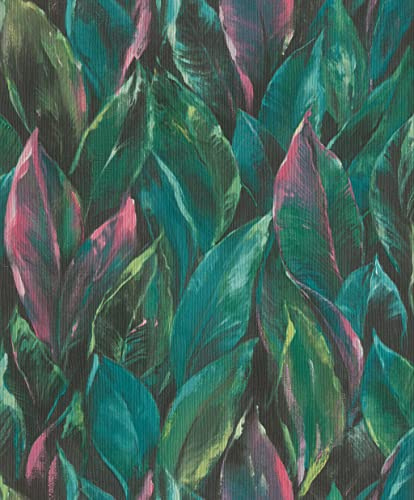 Rasch 537352 Non-Woven Wallpaper with Large Leaves in Green and Pink from The Curiosity Collection - 10.05 m x 0.53 m (L x W)