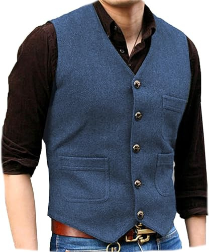Solovedress Gilet da Abito da Uomo Elegante Tweed Panciotto Casual Smanicato Scollo a V per Lavori di Matrimonio（Blu，M）
