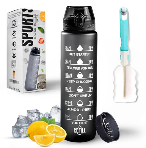 Roe Tenpo Water Bottle 1L, Sports Water Bottle with Time Markings, BPA-Free, Leak-Proof Drinks Bottle, Perfect for Running, Cycling, Gym, Yoga, Camping and Outdoor Activities, Black