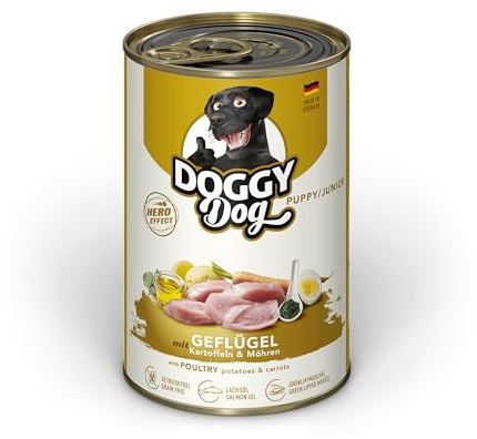 Doggy Dog Paté Puppy/Junior Lot de 6 boîtes de 400 g de Nourriture Humide pour Jeunes Chiens, Nourriture pour Chiots sans céréales, avec Huile de Saumon et Moule aux orles Vertes, fabriquée en