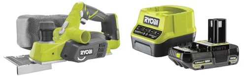 Ryobi - Rabot 18V - largeur 82 mm - profondeur 1,6 mm - feuillure de 0-12,5 mm - 12 000 tr/min - Livré avec 4 fers réversibles et un guide parallèle - 1 batterie 2Ah et 1 chargeur rapide