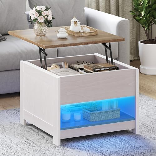 YITAHOME Lift Top Coffee Table, Square Wood Modern Rustic Coffee Table with Storage for Living Room, Farmhouse Grey Wash Coffee Tables 60x60x45cm