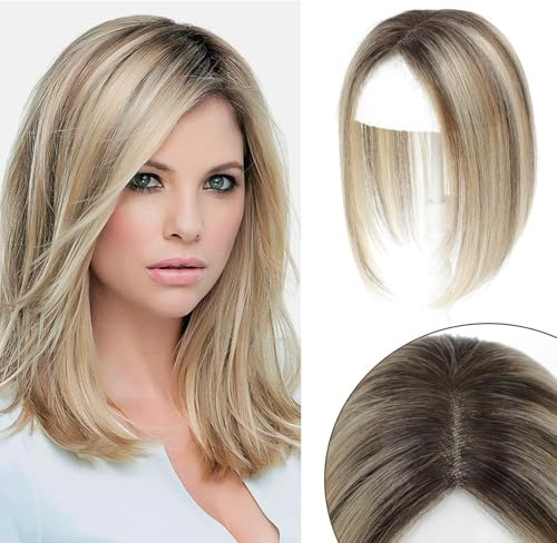 Postiches capillaires pour femmes avec cheveux humains réels - 25,4 cm - Postiches capillaires pour femmes - Base suisse améliorée pour la perte de cheveux (Ombre brun clair avec reflets blonds)