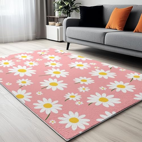 Blumen Gänseblümchen Teppich Schlafzimmer 120 x 180cm, Weich küchenläufer Rose Teppiche rutschfest Waschbarer Teppiche Gegend,Für Wohnzimmer Küche Esszimmer Eingangsbereich Innen