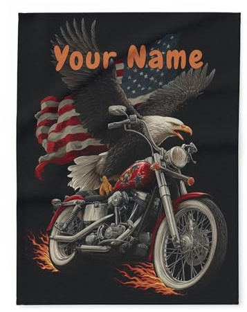 Custom Cozy Motorcycle Blanket for Bikers – Durable Riding Blanket with Eagle and American Flag Design – Suitable Gift for Road Warriors, Camping, and Cold Weather (Motorcycle-05, Customize)