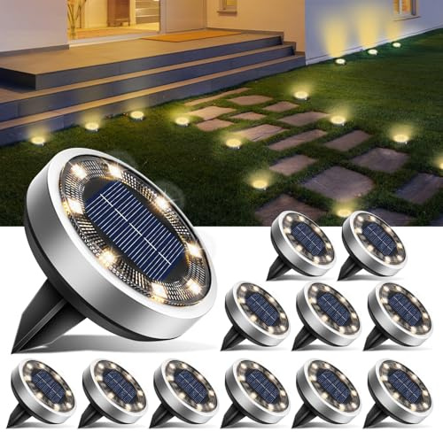 btfarm 12 Paquetes Luces Solares LED Exterior Jardin Suelo, 8 LED Luz Solar Exterior Jardin, IP65 Impermeable Lamparas Solares Camino, Césped, Patio-Blanco Cálido