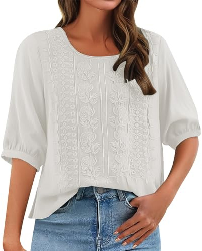 Camicia da donna a maniche 3/4, con ricamo a tunica cinese, tradizionale, elegante, tinta unita, estiva, a maniche lunghe, casual, in lino, leggera