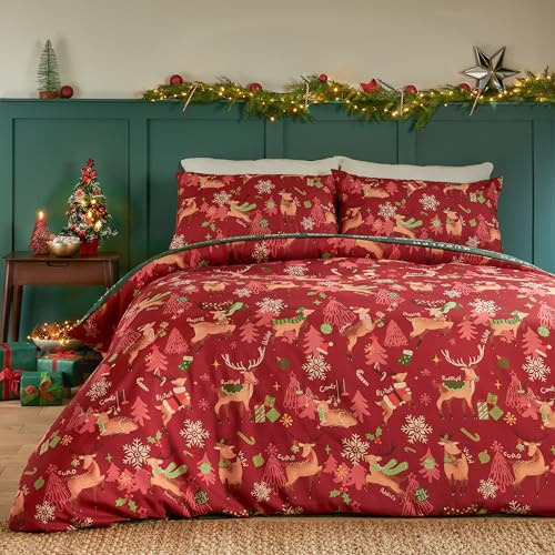 furn. Duvet Day Sleigh Team Set Copripiumino (Rosso - King) | Morbida Al Tatto Reversibile Festiva Stagionale Vacanza Natalizia Renna Biancheria Da Letto Facile Da Curare