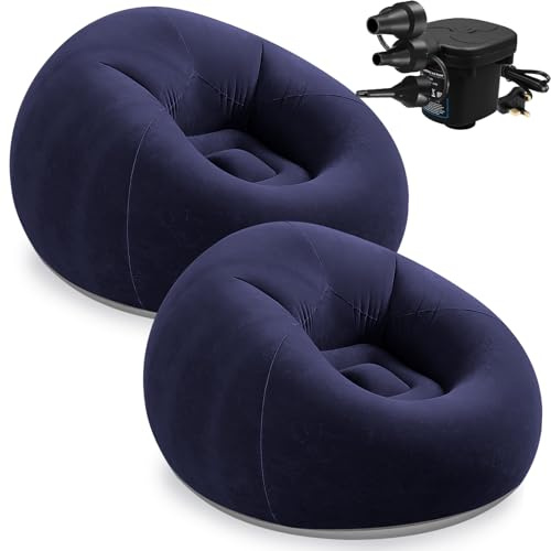 OJMHD 2 Pcs Inflatable Bean Bag Chairs, Adults’s Blow up Sofa, Foldable Lazy Couch with Electric Air Pump for Camping Gaming Reading Living Room Bedroom Outdoors, Navy Blue, UK Plug