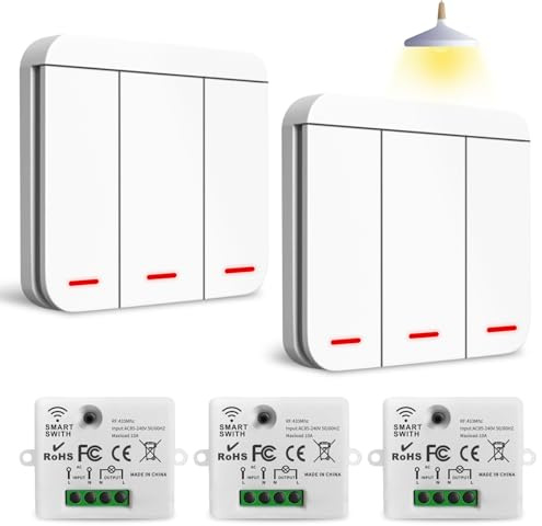 Funk Lichtschalter - 230V Funklichtschalter Set ohne Stromverlegung, mit Empfänger – Funklichtschalter für Lichtsteuerung in Badezimmer, Schlafzimmer, und Außenbereich (2 Empfänger mit 3 Schalter)