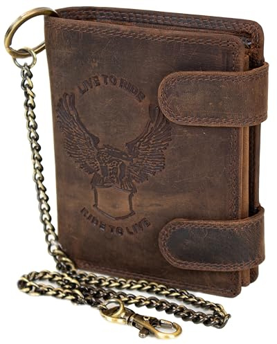 MDM Cartera de piel para hombre con cadena, cartera de piel auténtica en diseño vintage con relieve, formato vertical, marrón, 10.0 X 12.5 X 2.5 Centimeters, Biker