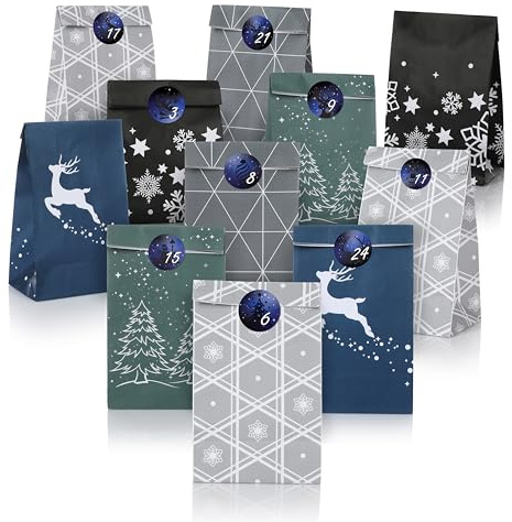Nordstern Calendario de Adviento para rellenar, bolsas de regalo DIY con 24 bolsas de papel de estraza y pegatinas con números, calendario de Navidad para niños y hombres