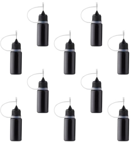 Namvo 10 frascos aplicadores de Punta de precisión, Negros, de Metal y plástico, 10 ml. Ideales para Manualidades como Pintura, Quilling, Pegamento y Tinta.