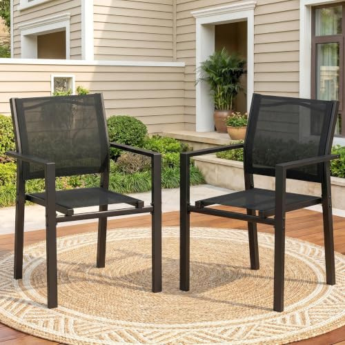 LIFERUN Juego de 2 sillas de jardín apilables Teslin y Estructura de Metal, sillas de balcón, sillas de Comedor para Exteriores, para terraza, jardín, Piscina, hasta 120 kg, Negro, 2pcs | Hasta 120 kg, silla de comedor de metal y Teslin, transpirable con reposabrazos, para jardín, piscina, terraza, negro