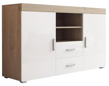 MB Muebles Bonitos | Aparador Roque | Mueble Auxiliar Moderno de Salón y Comedor con 2 Puertas, 2 Cajones y Estante | 140x82x40 cm | Melamina Brillo | Sonoma y Blanco