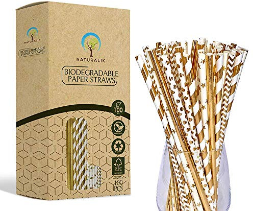 Naturalik 100-Pack Biodegradable Gold Paper Straws - Extra Durable, Striped/Wave/Heart/Star/Solid Gold Straws for Birthday, Wedding, Bridal/Baby Shower and Party Supplies