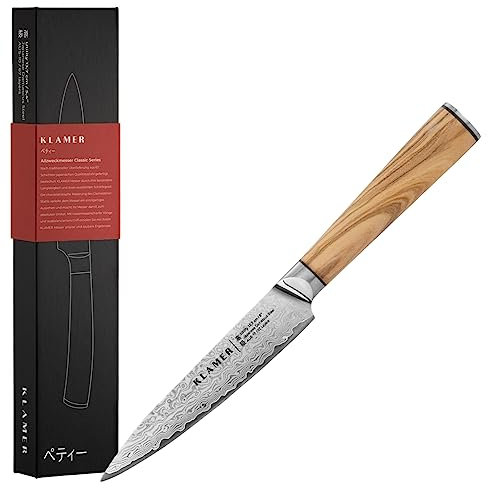 KLAMER Damast Allzweckmesser 12,7cm, scharfes Küchenmesser, Profi Kochmesser aus japanischem Stahl