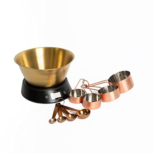 MasterClass Bundle of Digital Scales with Brass Bowl and Copper Finished Measuring Cups and Measuring Spoons