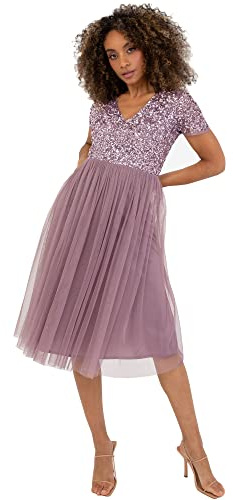 Maya Deluxe Maya Deluxe Embellished Midi Evening Dress for Women Ladies V Neckline with Short Sleeve for Prom Wedding, Vestido de Dama de Honor Mujer, Moody Lilac, 8