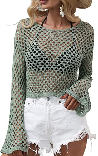 FeMereina Camiseta de punto de ganchillo de manga larga para mujer, con agujero hueco, rasgado, suéter, puentes de red de los años 90, camisa de calle E-Girl, verde, M