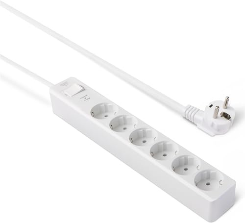 Amazon Basics Regleta de 600 Julios con Protección contra Sobretensiones y Obturadores de Seguridad, 6 Enchufes, Color Blanco, 1,4m