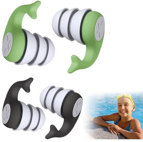2 par simningsöronproppar vuxna, vattentäta öronproppar simning, återanvändbara mjuka simningsöronproppar perfekt för surfing, dykning, pool, dusch (svart och grön）