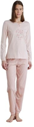 Noidinotte - Pigiama Donna in Cotone Top con Collo Due Bottoni e Pantalone Lungo Little Flower - L Rosa